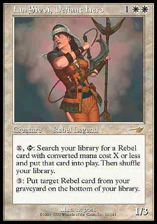 X, T: Search your library for a Rebel card with converted mana cost X or less and put that card into play.