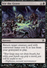 Return target creature card with converted mana cost X or less from your graveyard to play.